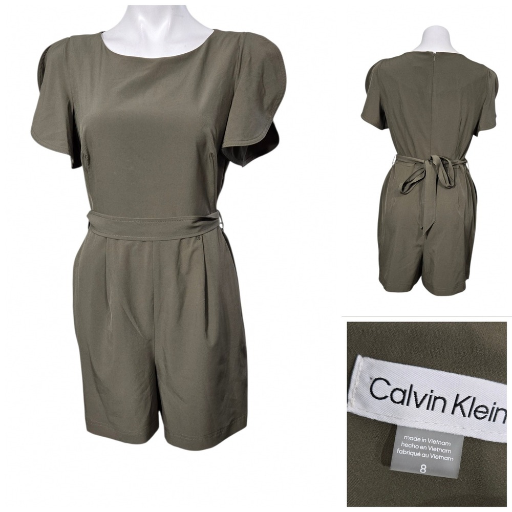 Calvin Klein Olive Green Flutter Sleeve Tie Waist Romper Size 8 CD3Q1P
